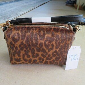 Time And Tru Leopard Print Faux Fur Crossbody Camera Bag With Black Strap & Gold